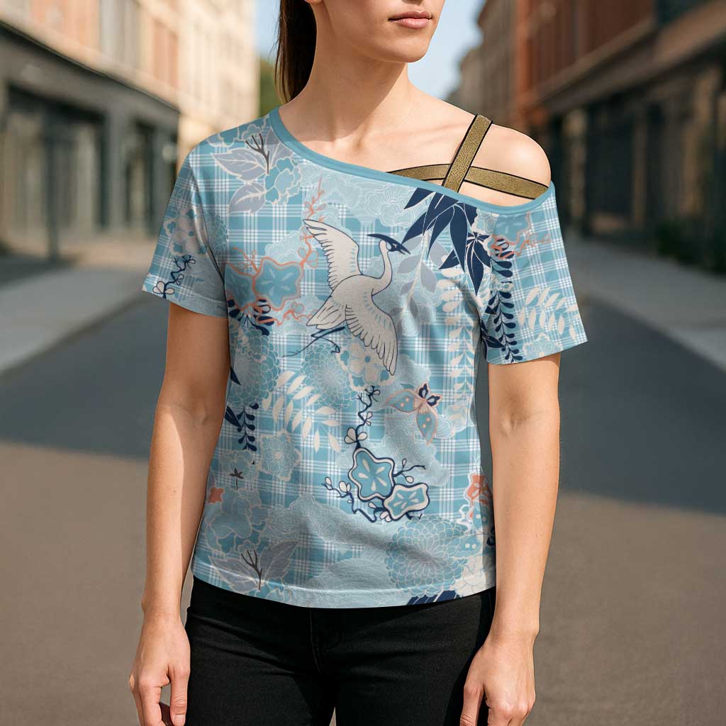 Blue Palaka Crane and Flowers Cross Shoulder Shirt Japan Heritage Spirit LT9 - Polynesian Pride