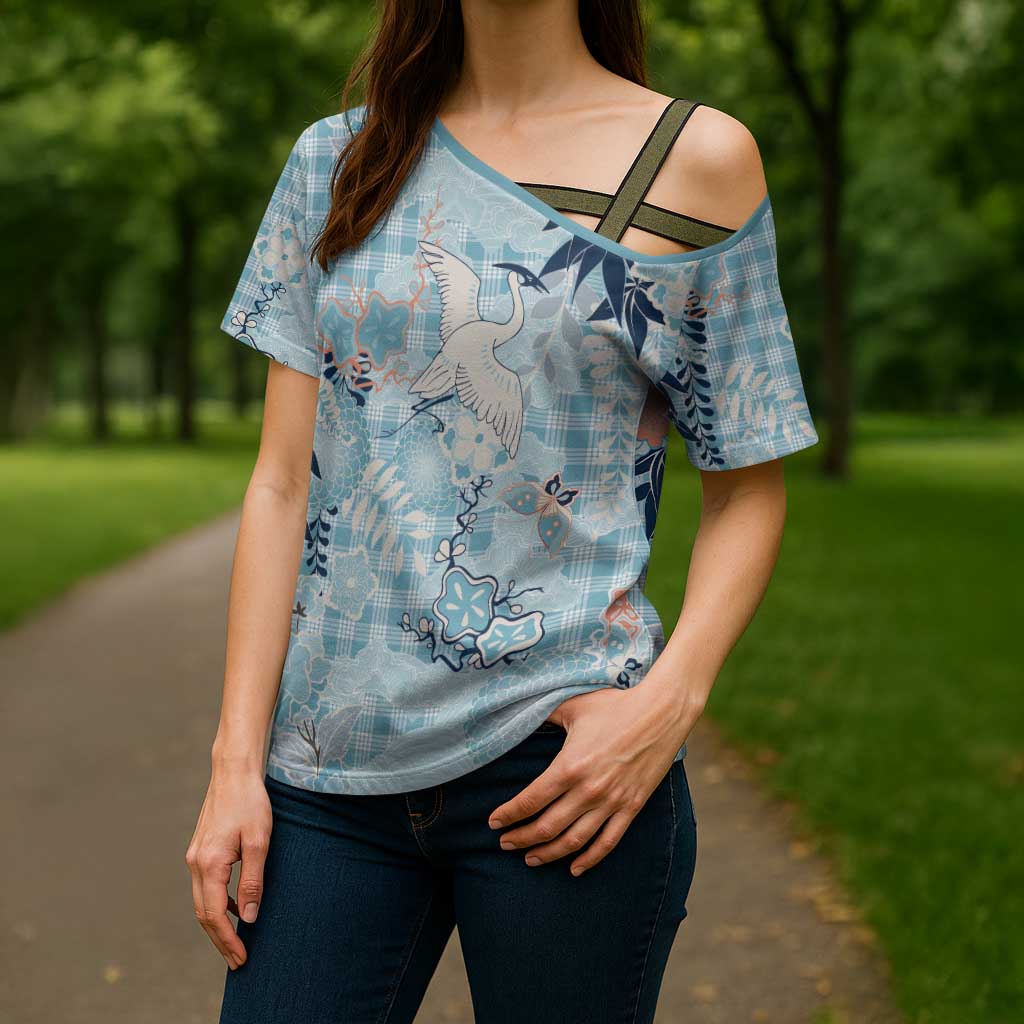 Blue Palaka Crane and Flowers Cross Shoulder Shirt Japan Heritage Spirit LT9 - Polynesian Pride