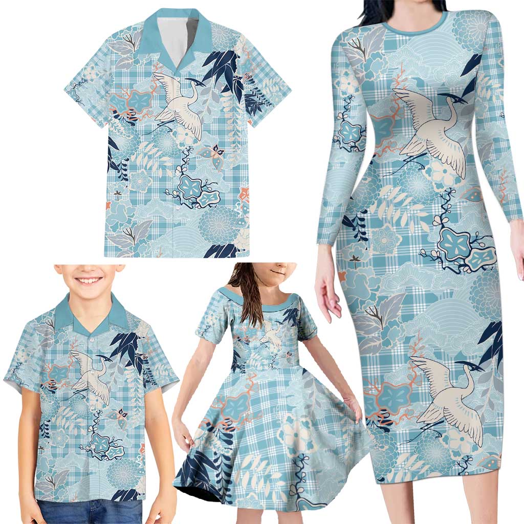 Blue Palaka Crane and Flowers Family Matching Long Sleeve Bodycon Dress and Hawaiian Shirt Japan Heritage Spirit - Polynesian Pride