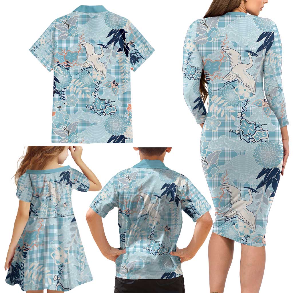 Blue Palaka Crane and Flowers Family Matching Long Sleeve Bodycon Dress and Hawaiian Shirt Japan Heritage Spirit - Polynesian Pride