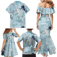 Blue Palaka Crane and Flowers Family Matching Mermaid Dress and Hawaiian Shirt Japan Heritage Spirit - Polynesian Pride