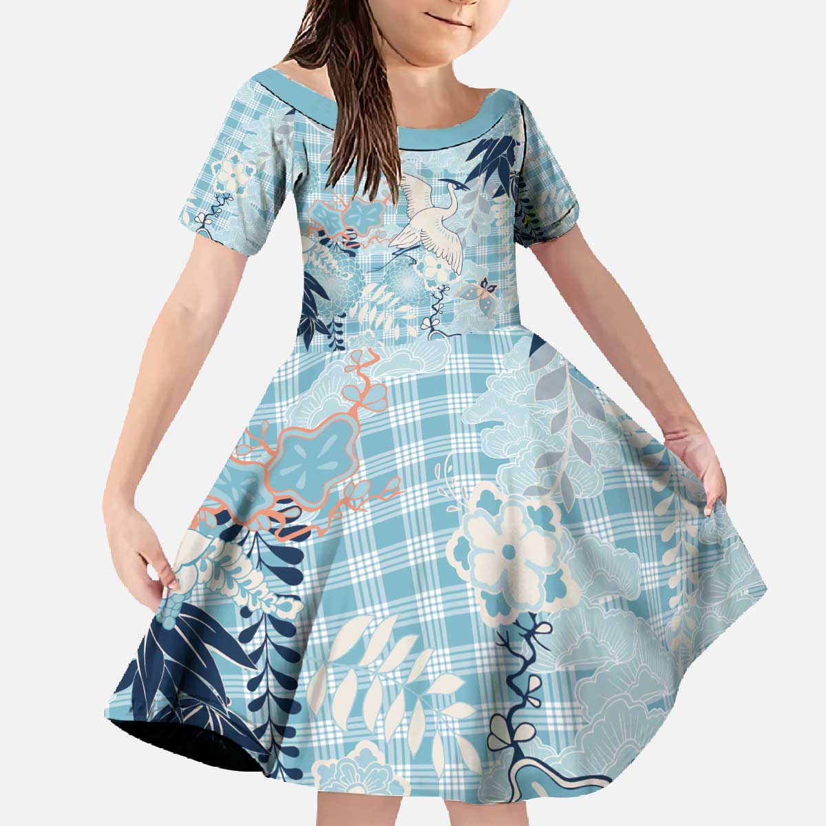 Blue Palaka Crane and Flowers Family Matching Off The Shoulder Long Sleeve Dress and Hawaiian Shirt Japan Heritage Spirit - Polynesian Pride