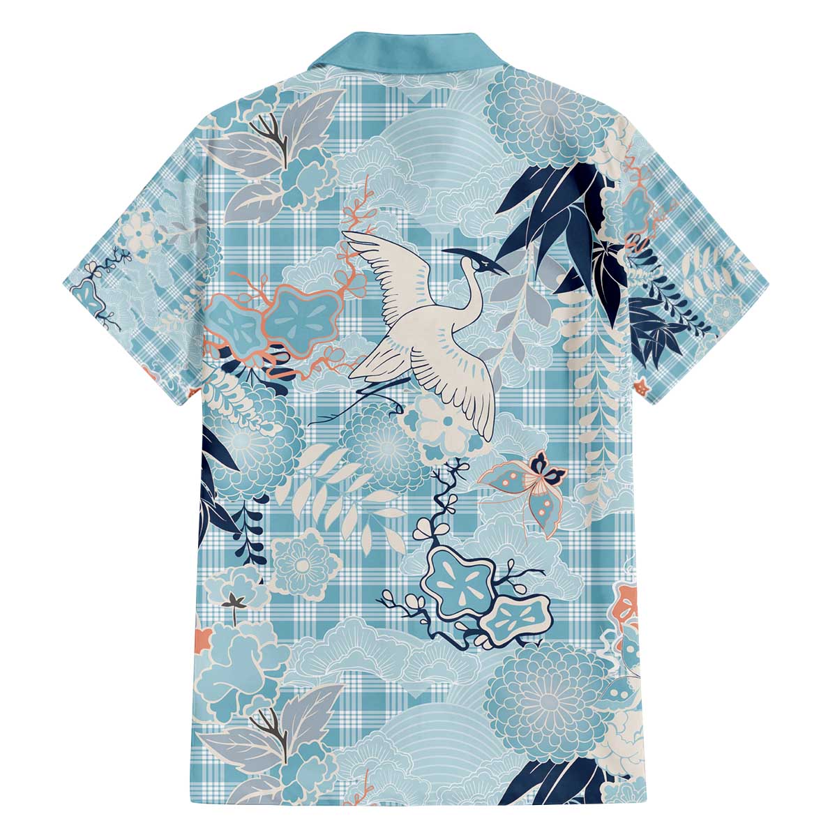 Blue Palaka Crane and Flowers Family Matching Off The Shoulder Long Sleeve Dress and Hawaiian Shirt Japan Heritage Spirit - Polynesian Pride