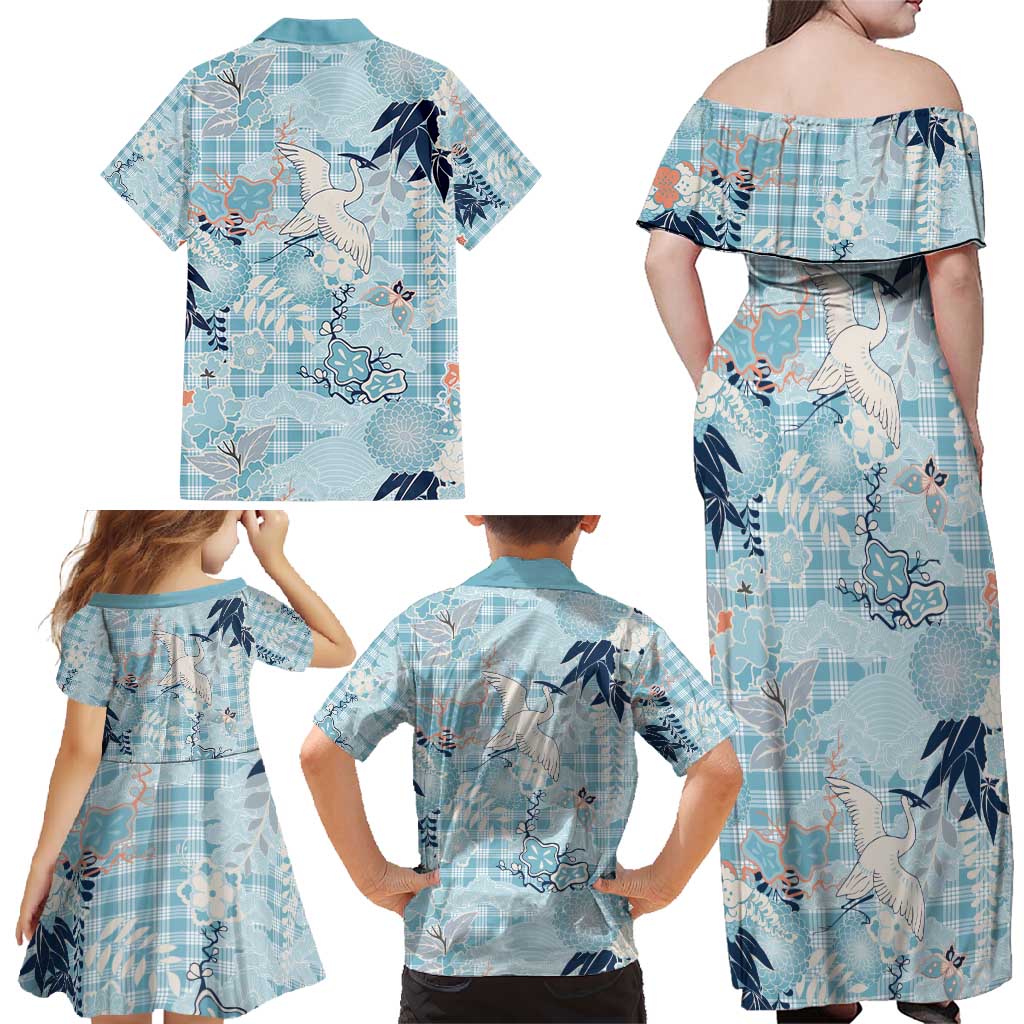 Blue Palaka Crane and Flowers Family Matching Off Shoulder Maxi Dress and Hawaiian Shirt Japan Heritage Spirit - Polynesian Pride