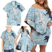 Blue Palaka Crane and Flowers Family Matching Off Shoulder Short Dress and Hawaiian Shirt Japan Heritage Spirit - Polynesian Pride