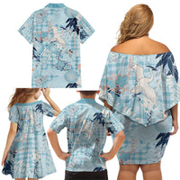 Blue Palaka Crane and Flowers Family Matching Off Shoulder Short Dress and Hawaiian Shirt Japan Heritage Spirit - Polynesian Pride