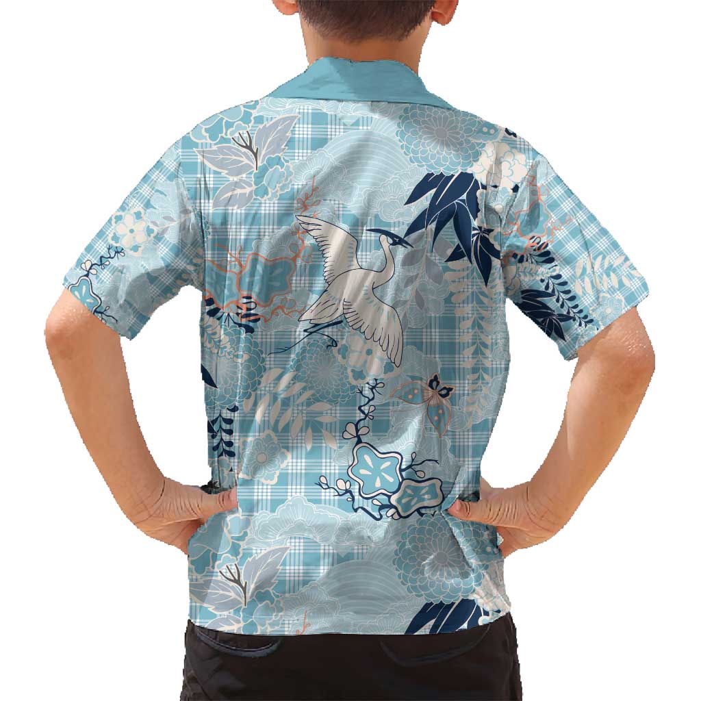 Blue Palaka Crane and Flowers Family Matching Puletasi and Hawaiian Shirt Japan Heritage Spirit - Polynesian Pride