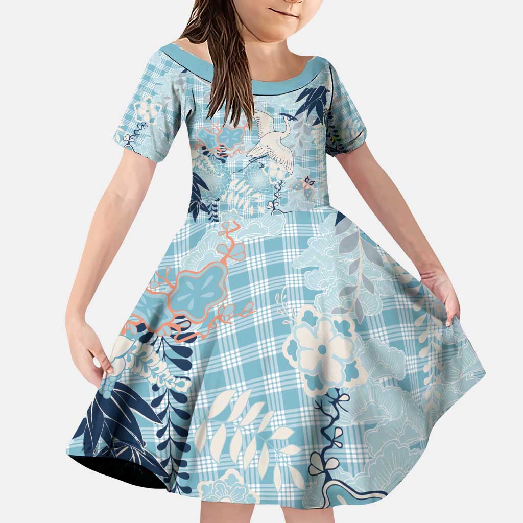 Blue Palaka Crane and Flowers Family Matching Puletasi and Hawaiian Shirt Japan Heritage Spirit - Polynesian Pride