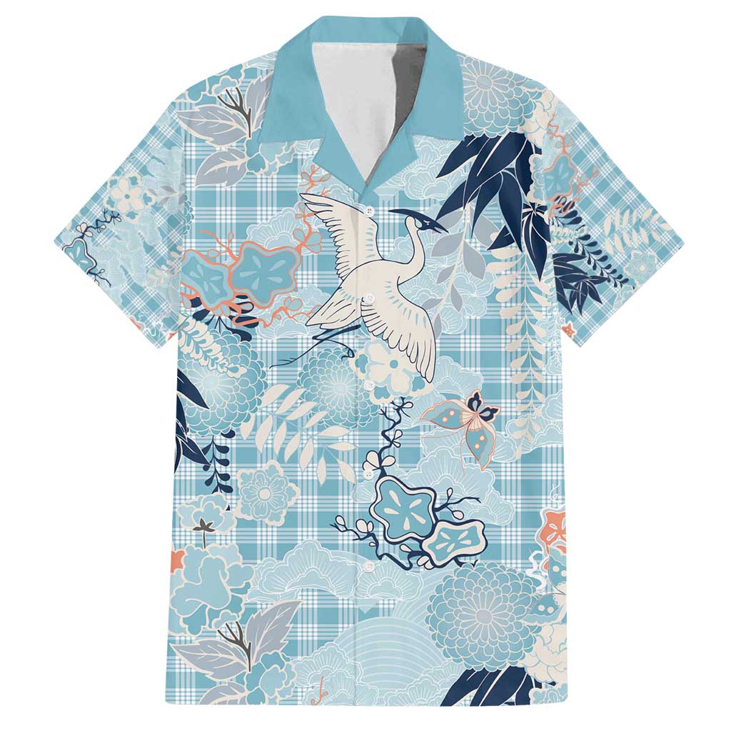 Blue Palaka Crane and Flowers Family Matching Puletasi and Hawaiian Shirt Japan Heritage Spirit - Polynesian Pride