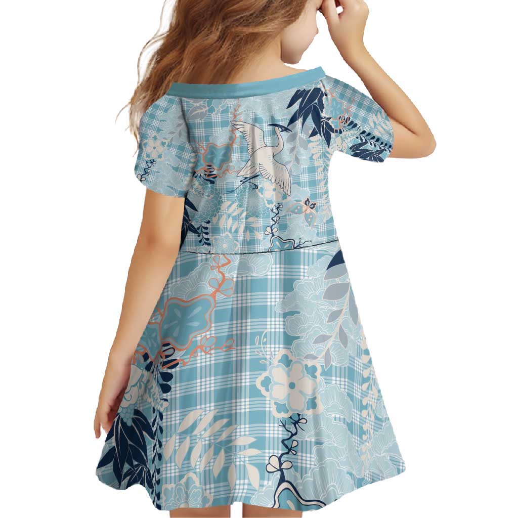Blue Palaka Crane and Flowers Family Matching Short Sleeve Bodycon Dress and Hawaiian Shirt Japan Heritage Spirit - Polynesian Pride