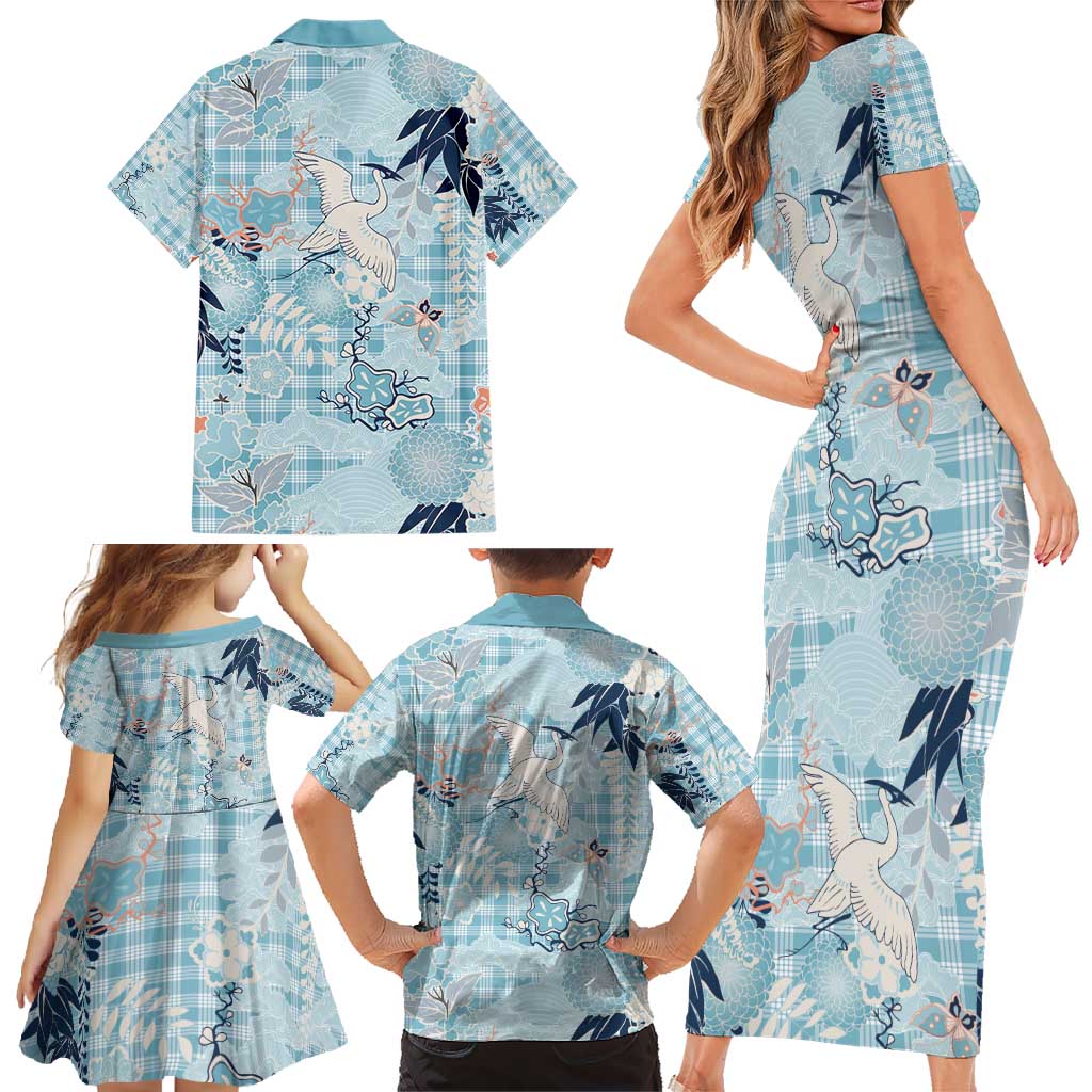 Blue Palaka Crane and Flowers Family Matching Short Sleeve Bodycon Dress and Hawaiian Shirt Japan Heritage Spirit - Polynesian Pride
