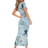 Blue Palaka Crane and Flowers Family Matching Short Sleeve Bodycon Dress and Hawaiian Shirt Japan Heritage Spirit - Polynesian Pride