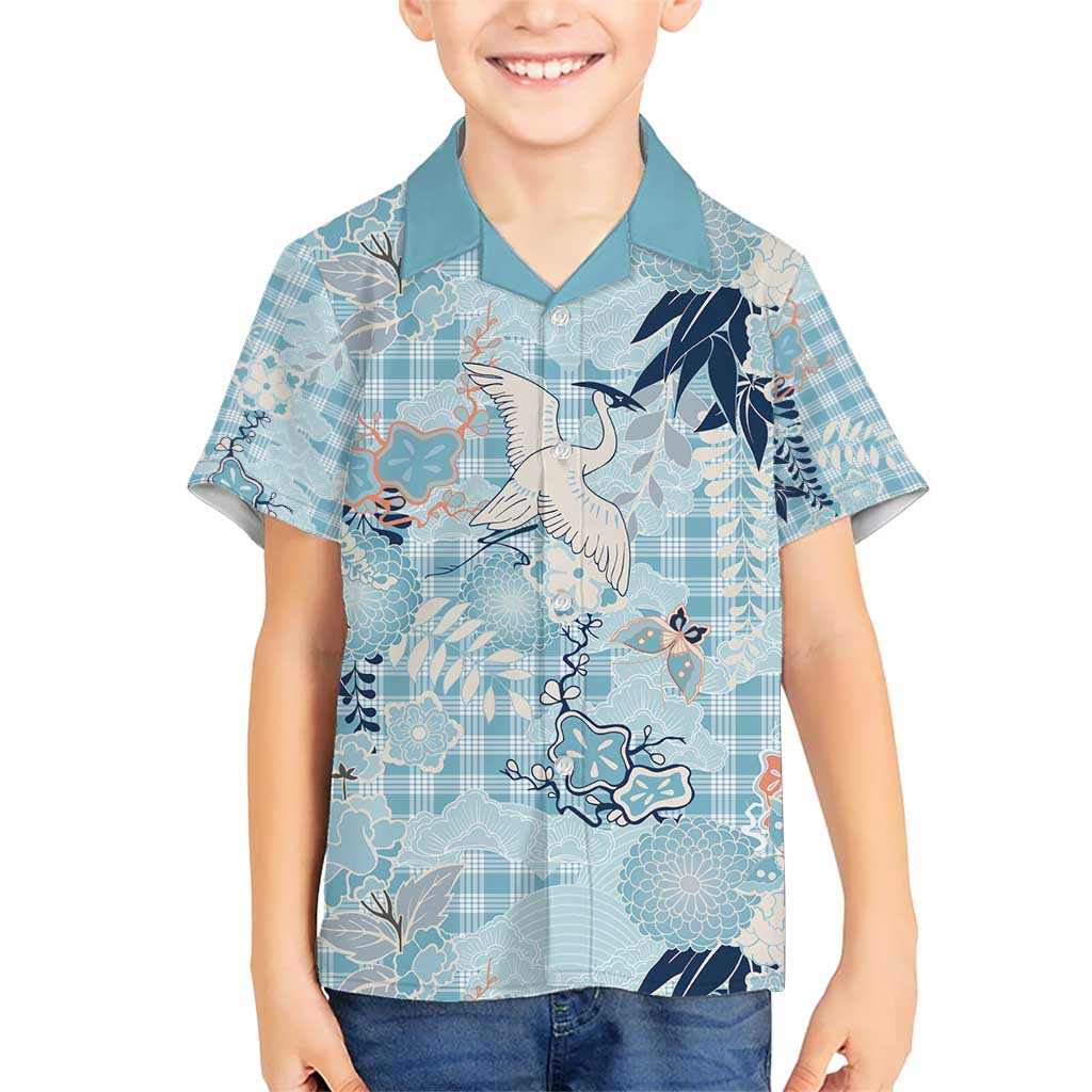 Blue Palaka Crane and Flowers Family Matching Short Sleeve Bodycon Dress and Hawaiian Shirt Japan Heritage Spirit - Polynesian Pride