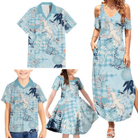Blue Palaka Crane and Flowers Family Matching Summer Maxi Dress and Hawaiian Shirt Japan Heritage Spirit - Polynesian Pride