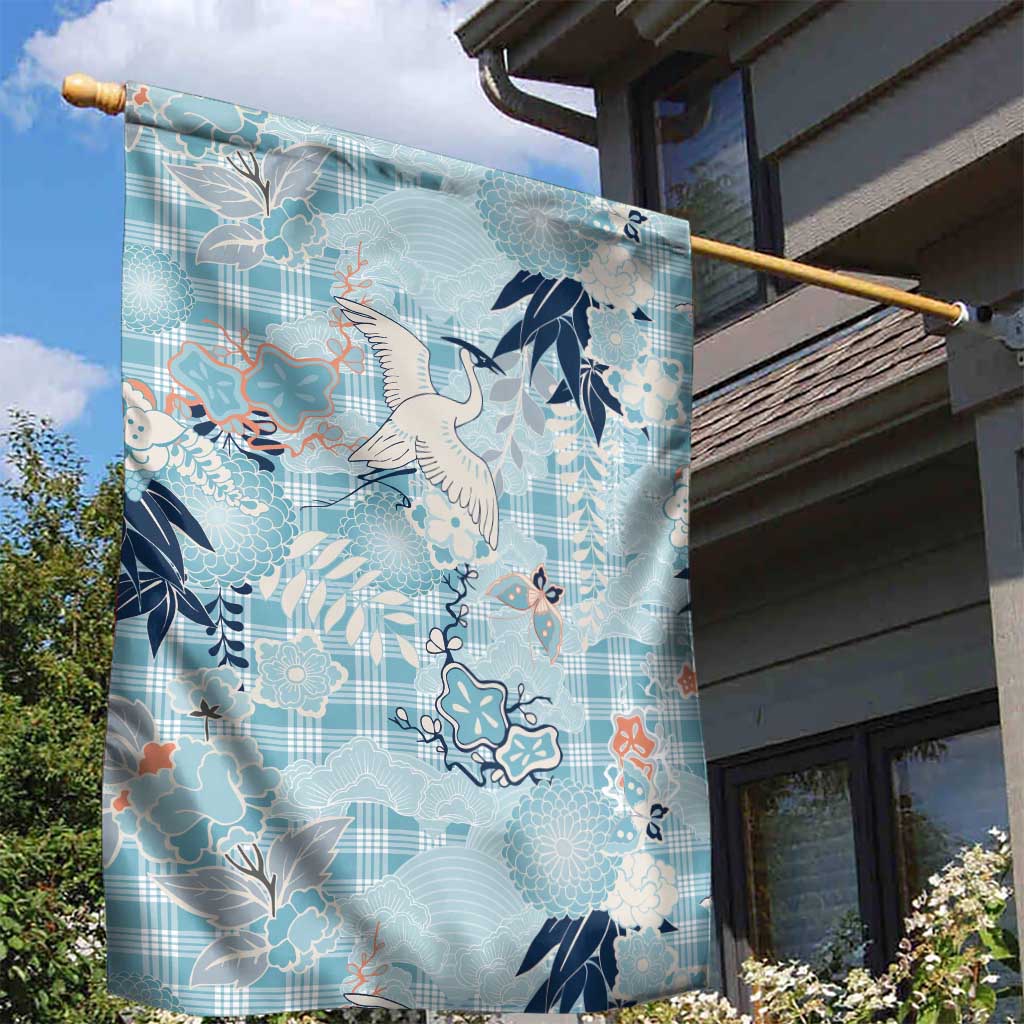 Blue Palaka Crane and Flowers Garden Flag Japan Heritage Spirit - Polynesian Pride