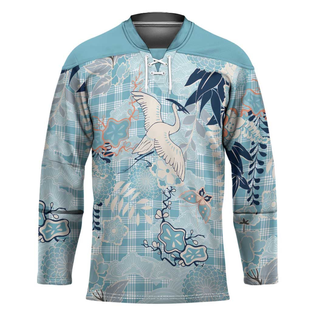 Blue Palaka Crane and Flowers Hockey Jersey Japan Heritage Spirit - Polynesian Pride