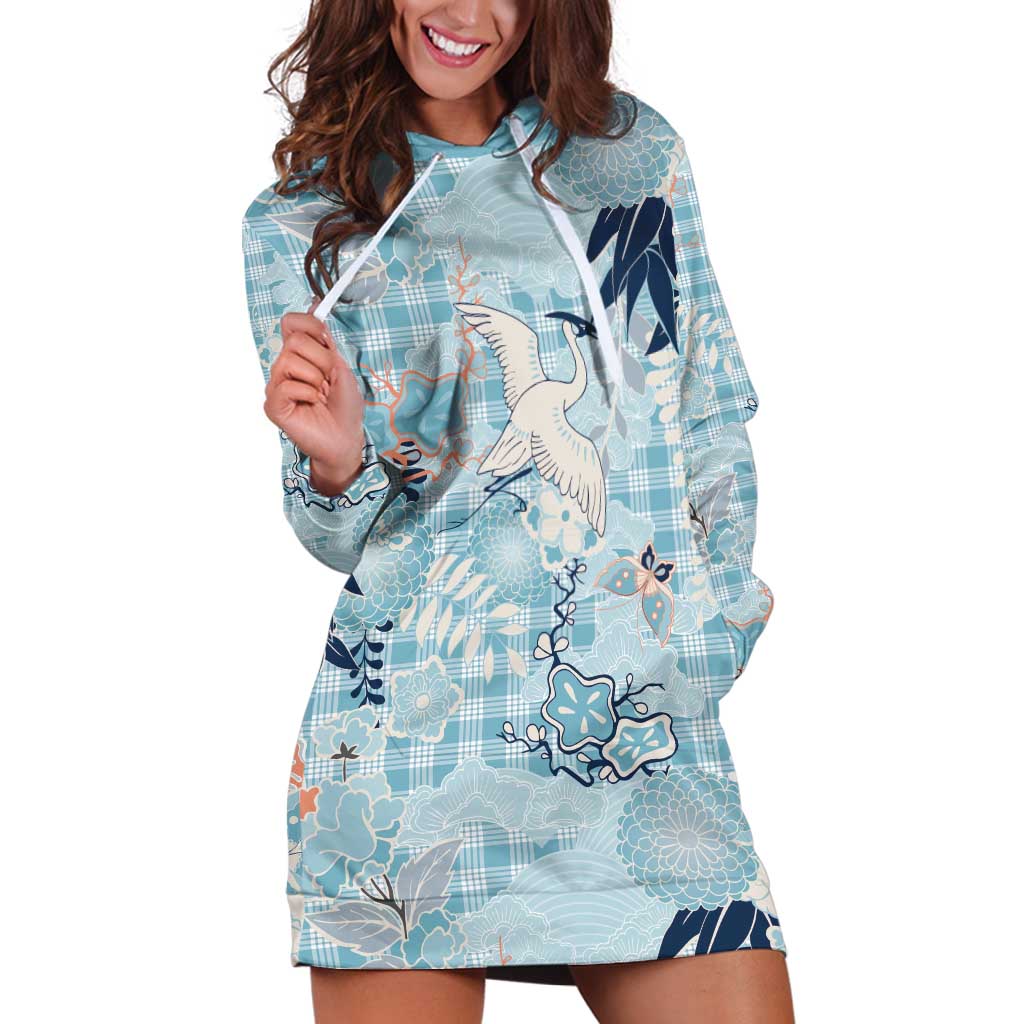 Blue Palaka Crane and Flowers Hoodie Dress Japan Heritage Spirit - Polynesian Pride