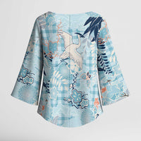 Blue Palaka Crane and Flowers Kimono Sleeve Blouse Japan Heritage Spirit LT9 - Polynesian Pride