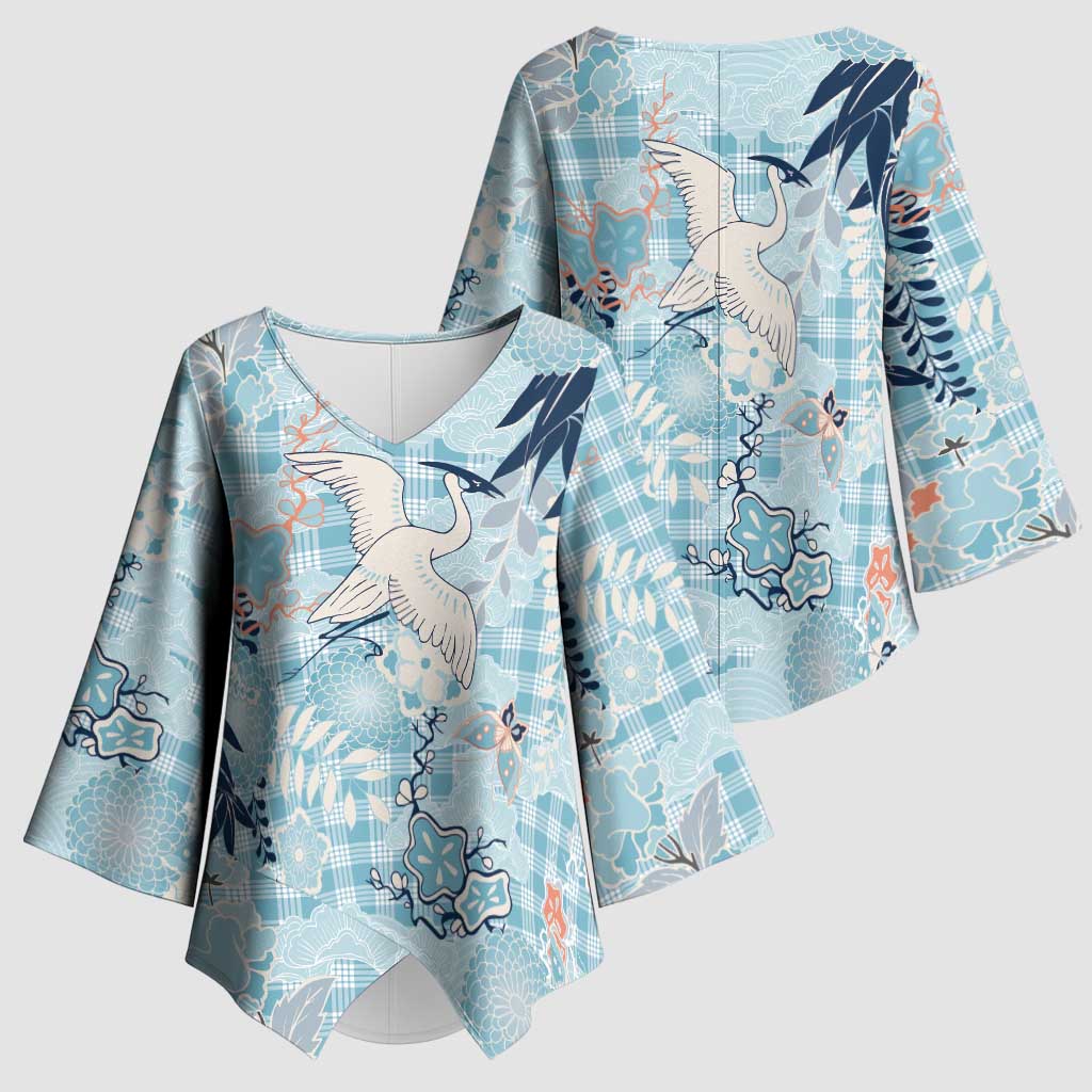 Blue Palaka Crane and Flowers Kimono Sleeve Blouse Japan Heritage Spirit LT9 - Polynesian Pride