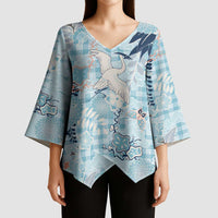 Blue Palaka Crane and Flowers Kimono Sleeve Blouse Japan Heritage Spirit LT9 - Polynesian Pride