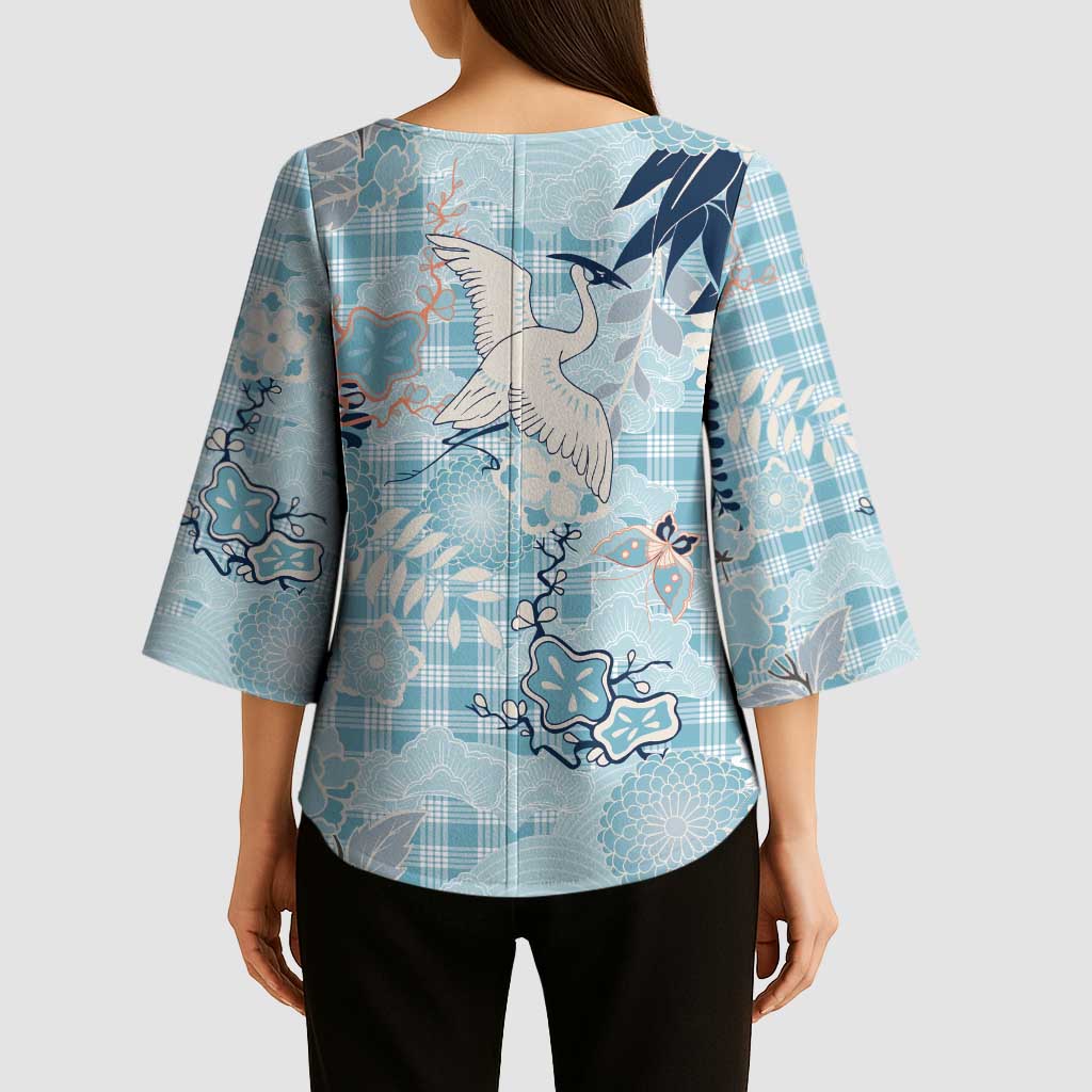 Blue Palaka Crane and Flowers Kimono Sleeve Blouse Japan Heritage Spirit LT9 - Polynesian Pride
