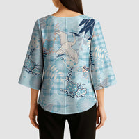 Blue Palaka Crane and Flowers Kimono Sleeve Blouse Japan Heritage Spirit LT9 - Polynesian Pride