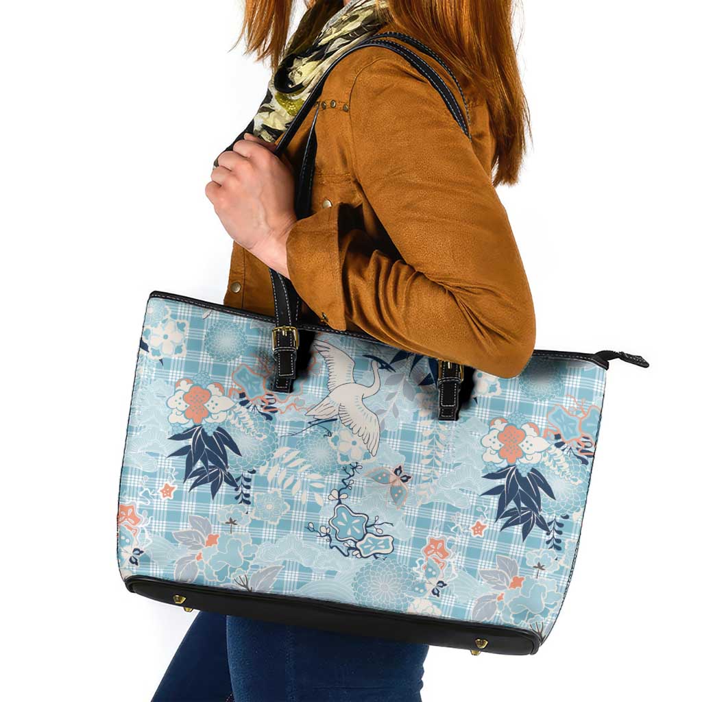 Blue Palaka Crane and Flowers Leather Tote Bag Japan Heritage Spirit - Polynesian Pride