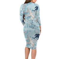 Blue Palaka Crane and Flowers Long Sleeve Bodycon Dress Japan Heritage Spirit - Polynesian Pride