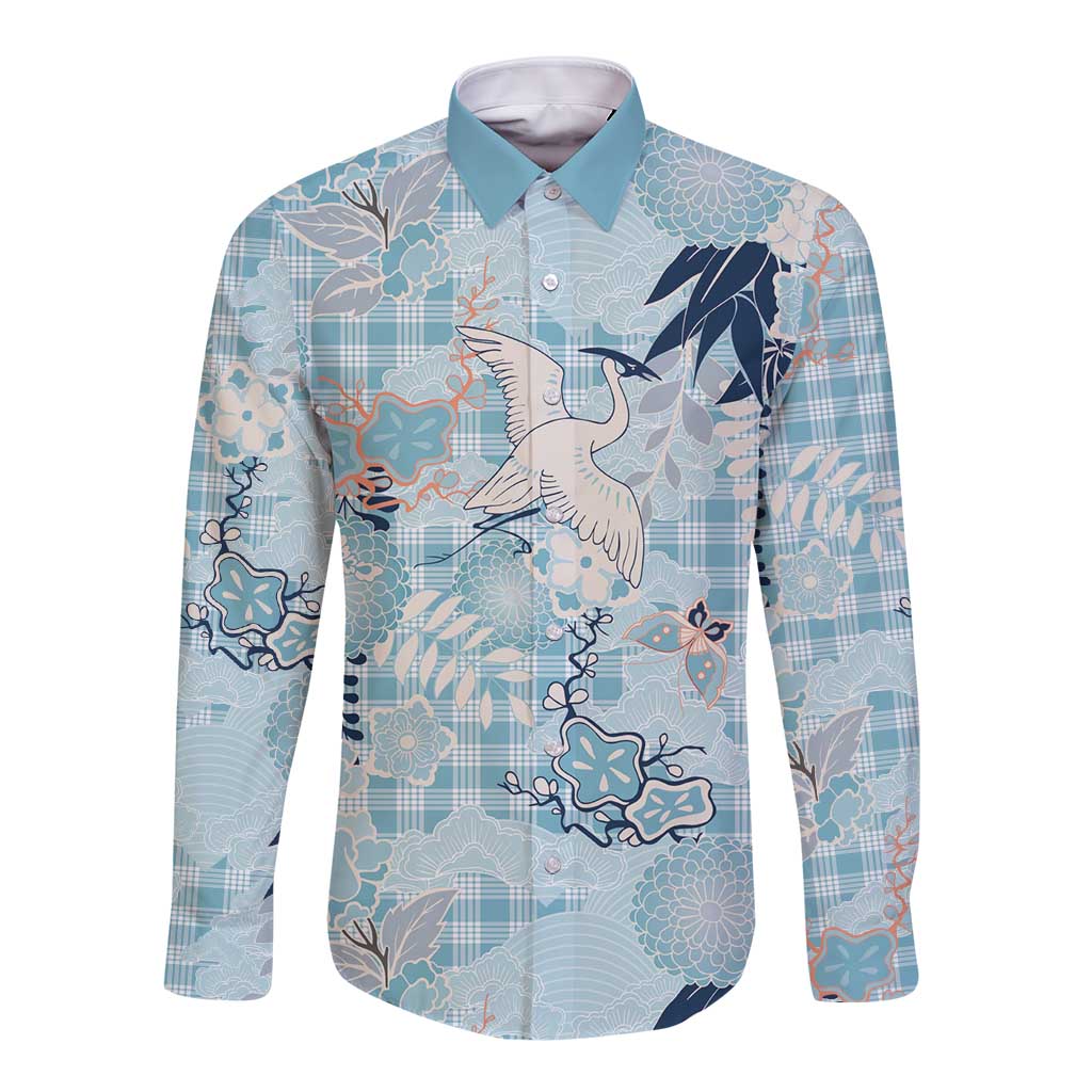 Blue Palaka Crane and Flowers Long Sleeve Button Shirt Japan Heritage Spirit LT9 Unisex Blue - Polynesian Pride