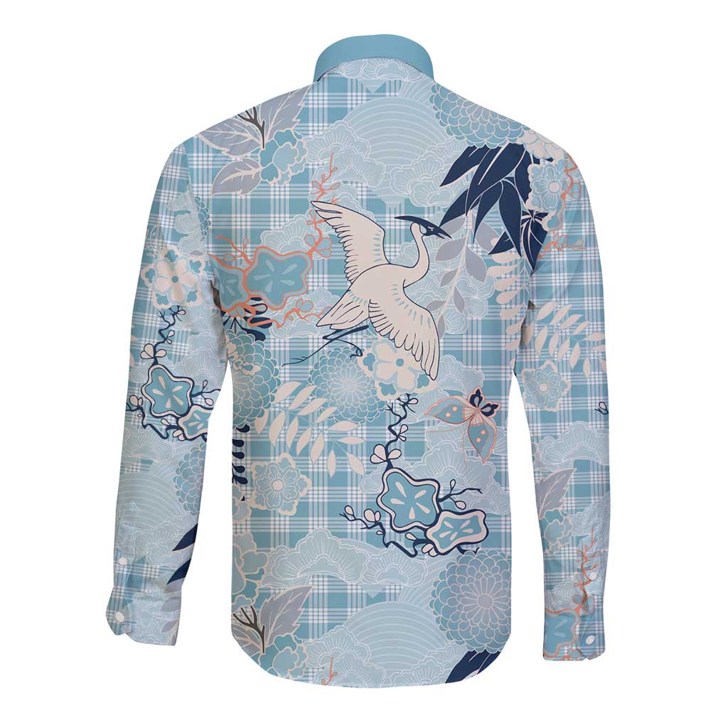 Blue Palaka Crane and Flowers Long Sleeve Button Shirt Japan Heritage Spirit LT9 - Polynesian Pride
