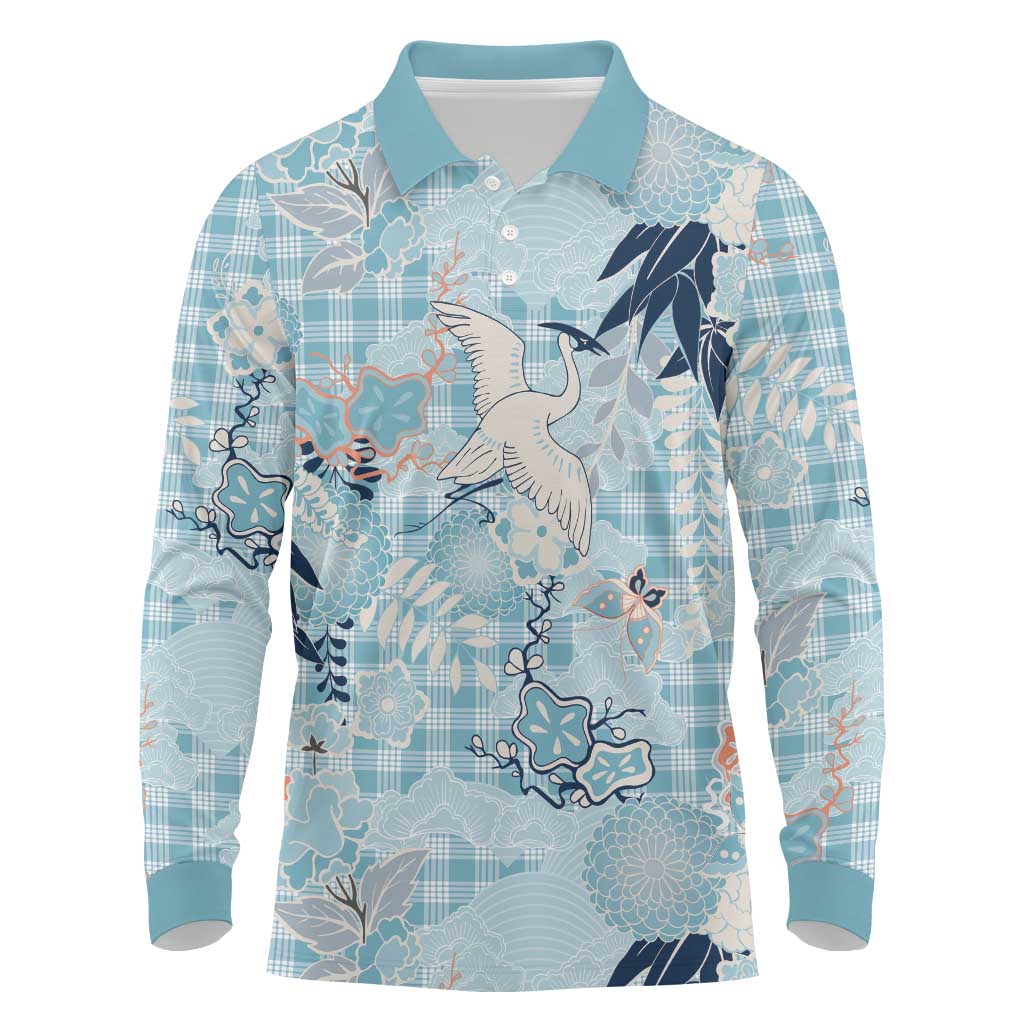 Blue Palaka Crane and Flowers Long Sleeve Polo Shirt Japan Heritage Spirit LT9 Blue - Polynesian Pride