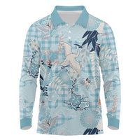 Blue Palaka Crane and Flowers Long Sleeve Polo Shirt Japan Heritage Spirit LT9 Blue - Polynesian Pride