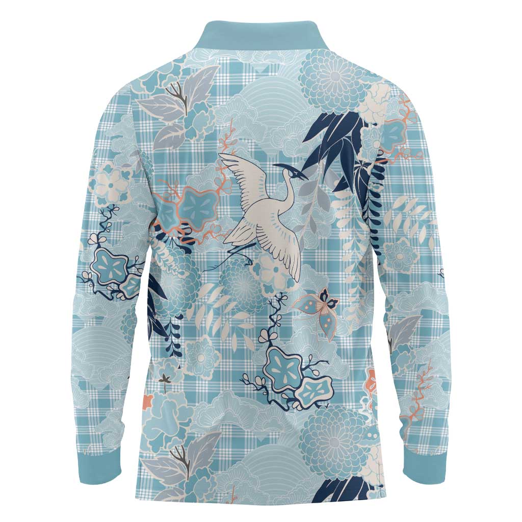Blue Palaka Crane and Flowers Long Sleeve Polo Shirt Japan Heritage Spirit LT9 - Polynesian Pride