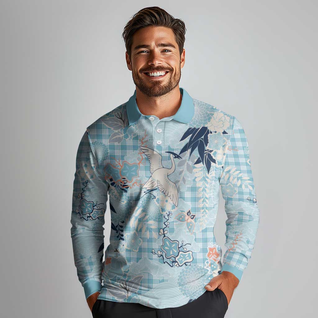Blue Palaka Crane and Flowers Long Sleeve Polo Shirt Japan Heritage Spirit LT9 - Polynesian Pride