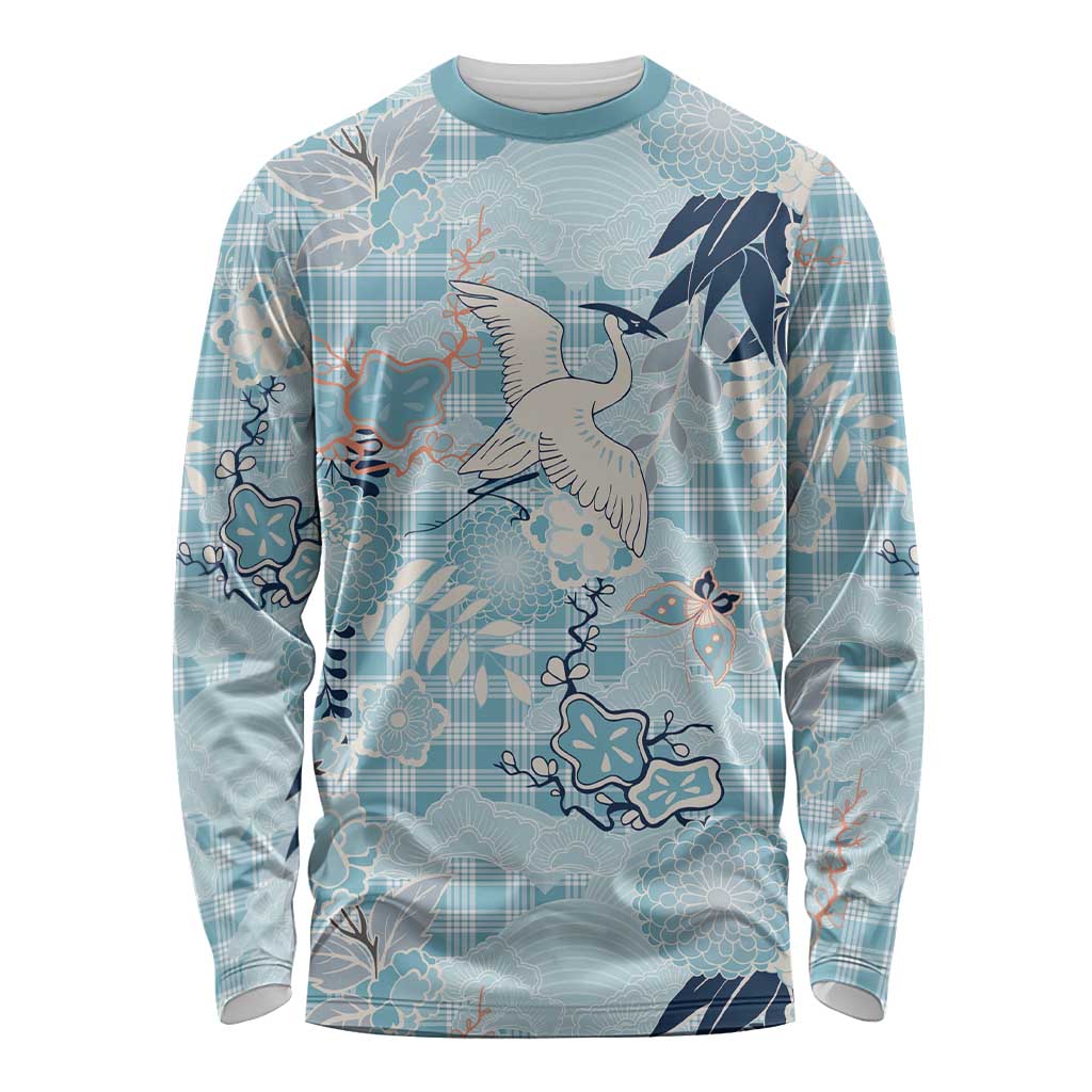 Blue Palaka Crane and Flowers Long Sleeve Shirt Japan Heritage Spirit LT9 Unisex Blue - Polynesian Pride