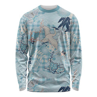 Blue Palaka Crane and Flowers Long Sleeve Shirt Japan Heritage Spirit LT9 Unisex Blue - Polynesian Pride