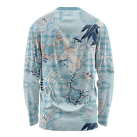 Blue Palaka Crane and Flowers Long Sleeve Shirt Japan Heritage Spirit LT9 - Polynesian Pride