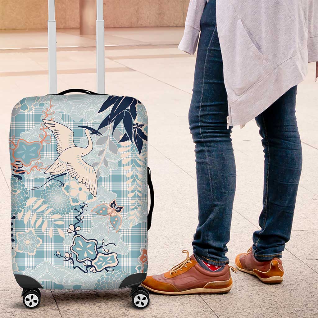 Blue Palaka Crane and Flowers Luggage Cover Japan Heritage Spirit - Polynesian Pride