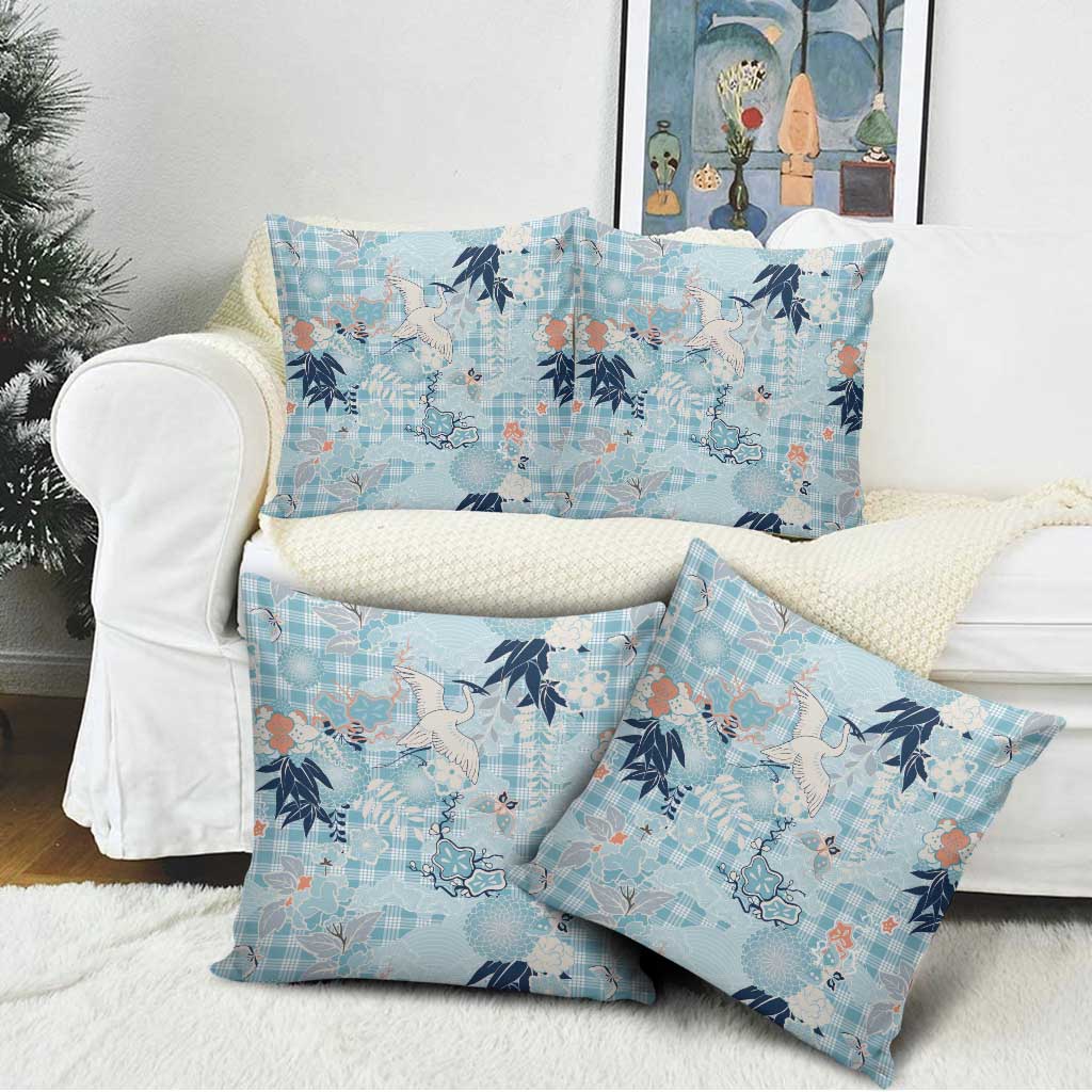 Blue Palaka Crane and Flowers Pillow Cover Japan Heritage Spirit - Polynesian Pride
