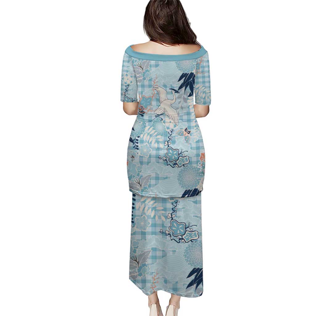 Blue Palaka Crane and Flowers Puletasi Japan Heritage Spirit - Polynesian Pride