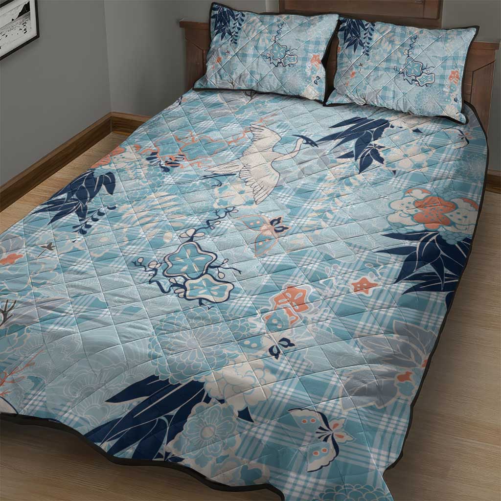 Blue Palaka Crane and Flowers Quilt Bed Set Japan Heritage Spirit - Polynesian Pride