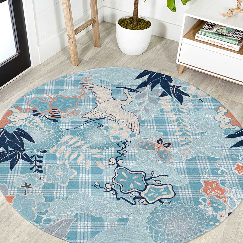 Blue Palaka Crane and Flowers Round Carpet Japan Heritage Spirit - Polynesian Pride