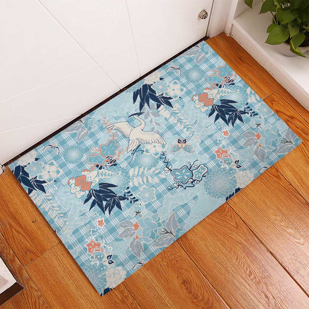 Blue Palaka Crane and Flowers Rubber Doormat Japan Heritage Spirit LT9 - Polynesian Pride