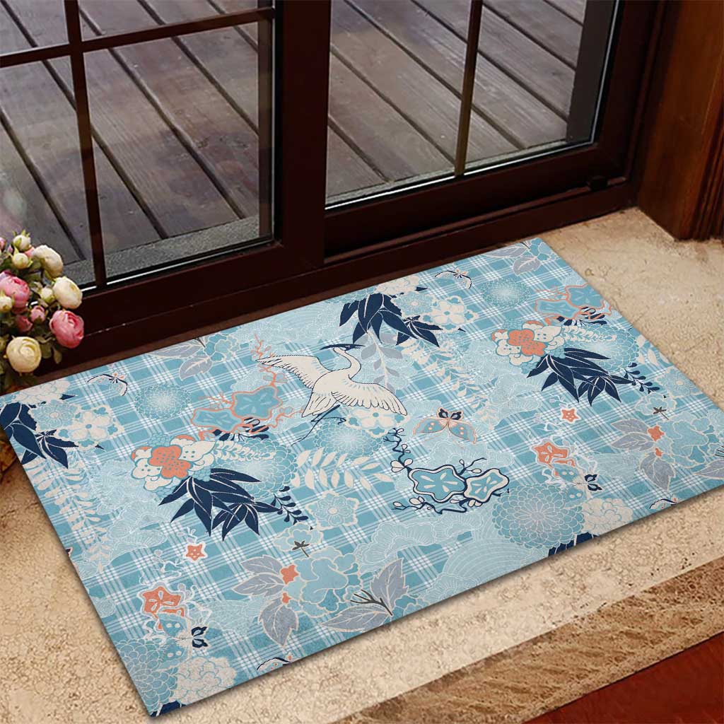 Blue Palaka Crane and Flowers Rubber Doormat Japan Heritage Spirit LT9 - Polynesian Pride