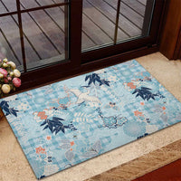 Blue Palaka Crane and Flowers Rubber Doormat Japan Heritage Spirit LT9 - Polynesian Pride