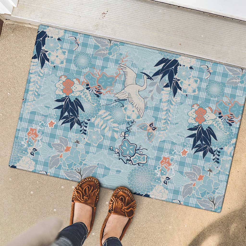 Blue Palaka Crane and Flowers Rubber Doormat Japan Heritage Spirit LT9 - Polynesian Pride