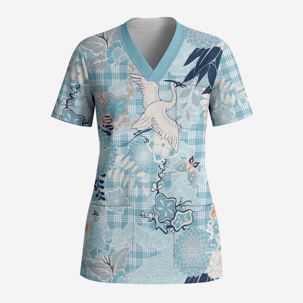 Blue Palaka Crane and Flowers Scrub Top Japan Heritage Spirit - Polynesian Pride