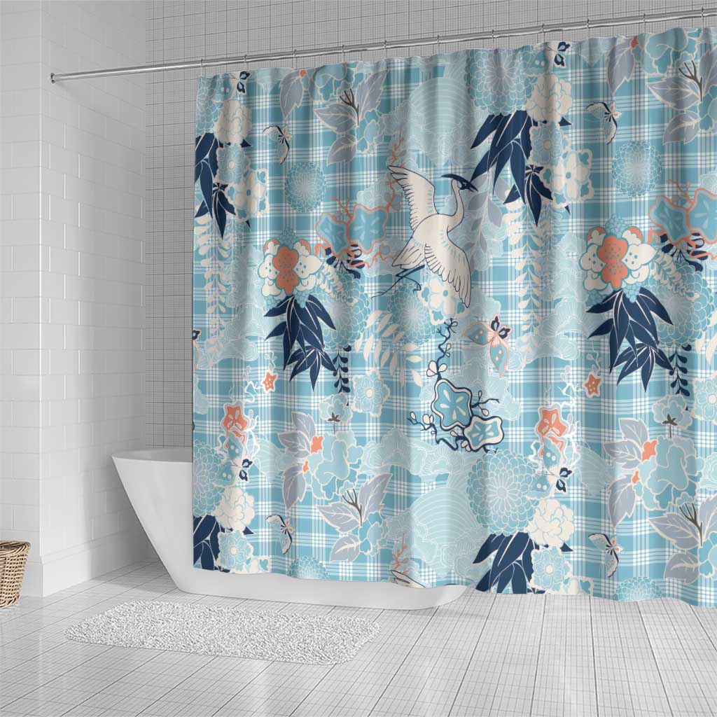 Blue Palaka Crane and Flowers Shower Curtain Japan Heritage Spirit - Polynesian Pride