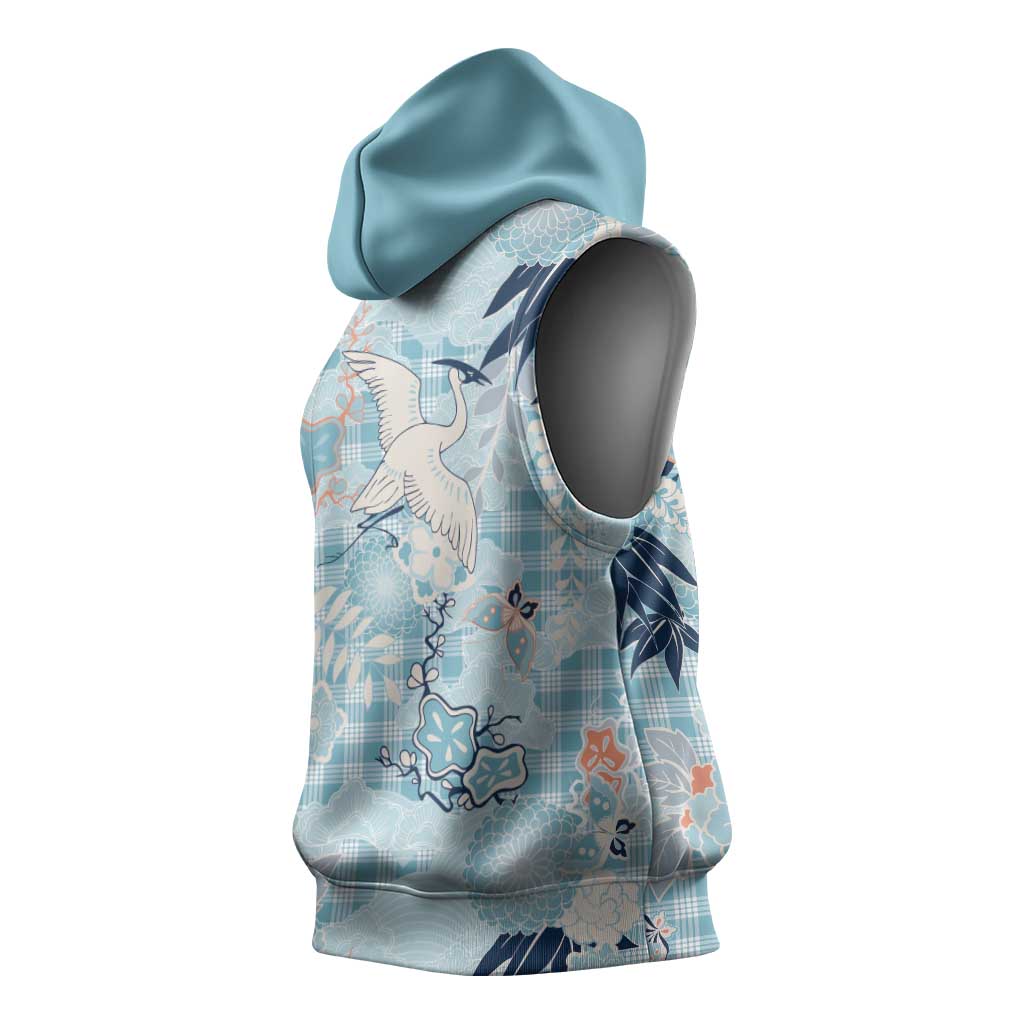 Blue Palaka Crane and Flowers Sleeveless Hoodie Japan Heritage Spirit LT9 - Polynesian Pride