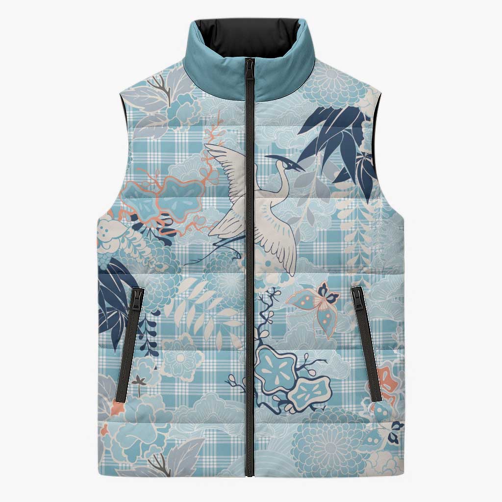 Blue Palaka Crane and Flowers Sleeveless Puffer Jacket Japan Heritage Spirit LT9 Unisex Blue - Polynesian Pride